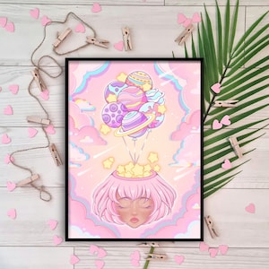 Day Dreamer Art Print, Anime Girl Art Print, Kawaii Cute Aesthetic, Manga Style Poster, Space trippy Wall Decor, Galaxy Universe Art