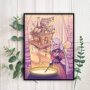 Baba Yaga Art Print, Anime Girl Art Print, Kawaii Cute Aesthetic, Manga Style Poster, Slavic Witch Wall Decor, Russian Folklore Art
