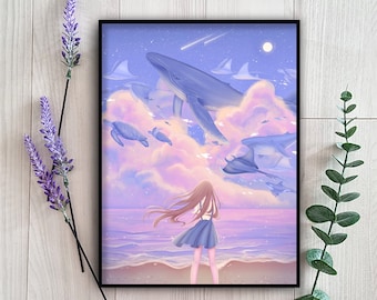 Dreamy Migration Art Print | Kawaii Pastel Anime Art Scene | Cute Manga Style Girl Aesthetic | Ocean Beach Anime Wall Decor Poster