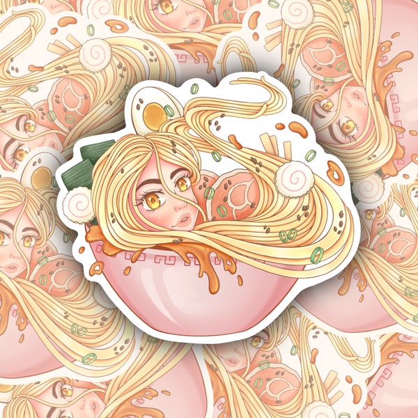 Ramen Mania Girl Sticker | Kawaii Anime Girl | Pastel Art Aesthetic Ramen Japanese Food | Manga Cute Water Resistant Sticker