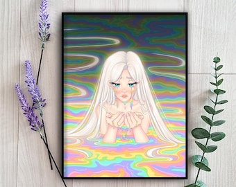 Rainbow Tears Art Print | Kawaii Anime Girl | Pastel Aesthetic | Cute Manga Girl Gay Pride LGBT Art Room Decor | Discreet LGBTQ Poster