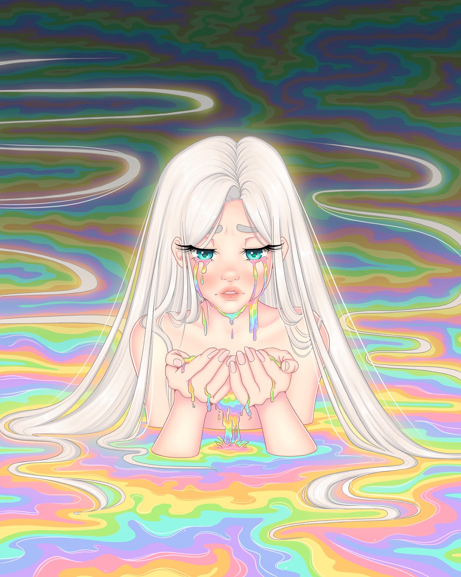 Rainbow Tears Art Print Kawaii Anime Girl Pastel Aesthetic | Etsy