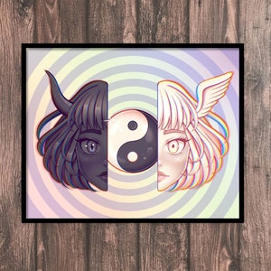 Balance Art Print, Yin yang, angels and demons, Anime Girl art print, wall decor, poster Kawaii, Art Print, pastel anime art style wall art