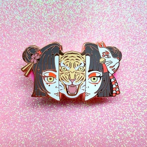 Year of the Tiger Enamel Pin | Kawaii Anime Girl Lapel Pin | Cute Trippy Hat Pin | Aesthetic Psychedelic Pin | Surreal Pin | Manga Girl