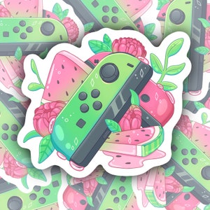 Adesivo joy cons estetico rosa e verde / Console di gioco pastello anguria / Adesivo da gioco Kawaii carino / Peonie ispirate alla natura