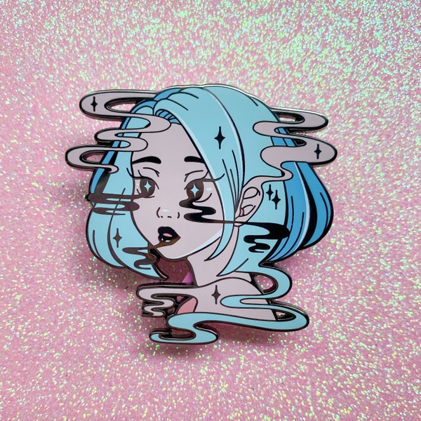 Drifting Enamel Pin Cotton Candy Variant | Kawaii Anime Girl Lapel Pin | Cute Trippy Hat Pin | Aesthetic Psychedelic Surreal Pin Manga Girl