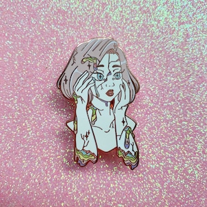 Broken Enamel Pin Cotton Candy Variant | Kawaii Anime Girl Lapel Pin | Cute Trippy Hat Pin | Aesthetic Psychedelic Surreal Pin | Manga Girl