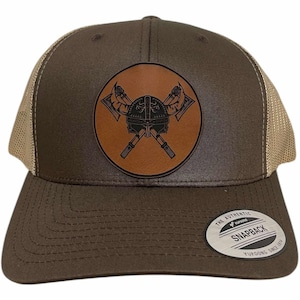 Viking Crossed Axes and Helmet Trucker Hat | Genuine Leatherette Patch Hat | Snapback