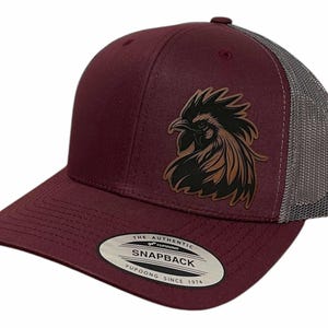 Boné Leghorn Rooster Trucker | Boné com remendo em couro sintético legítimo | Snapback