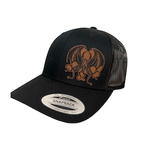 Der Tolle Alte Cthulhu Trucker Hat | Echtes Kunstleder Flicken Hut | Druckknopf
