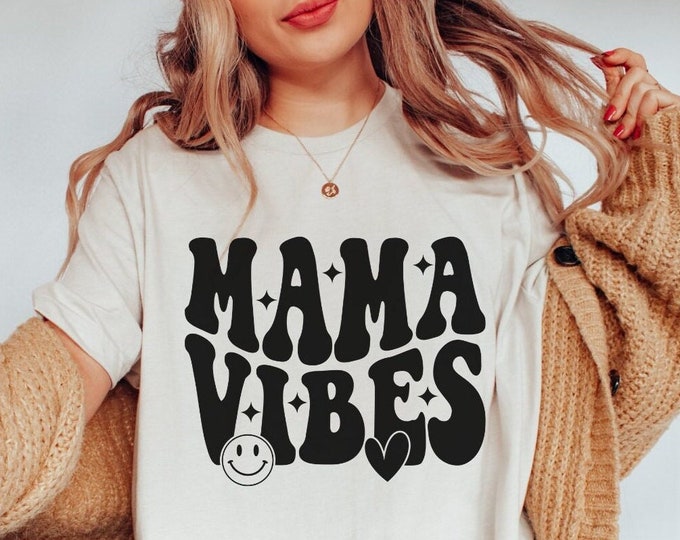 Comfort Colors Mama Vibes Tee, Retro Mama Shirt,  Retro Smiley Mama Shirt, Gift for Mom to be, Pregnancy Announcement Shirt Oversized Shirt