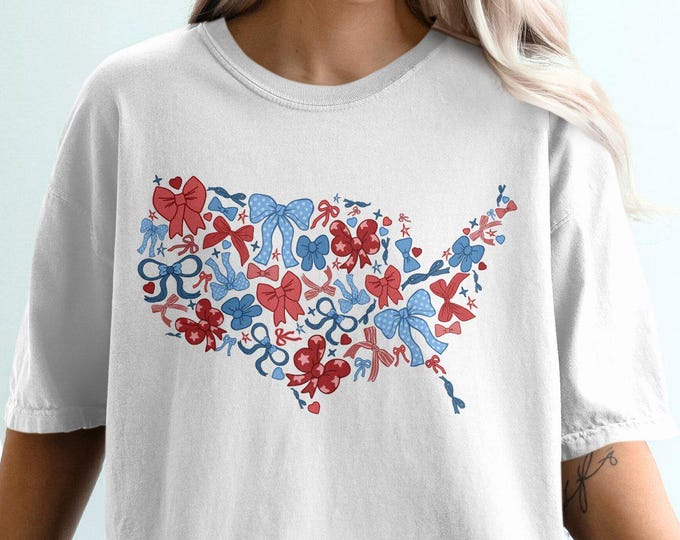 USA Map Bow Design T-Shirt, Patriotic T-shirt for Women, Unique USA Map Graphic Tee, Red White Blue T-Shirt, Gift for Bow Lovers