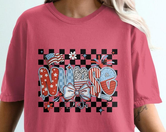 Patriotic Nurse Comfort Colors T-Shirt, Nurse Life Tee, American Flag Nurse Shirt, Checkered Pattern Nurse T-Shirt, Nurse Appreciation Gift