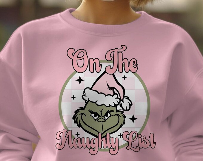 Pink Retro Grinch Naughty List Unisex Crewneck Sweatshirt - Retro Grinch Naught List Holiday Apparel, Matching Family Shirts