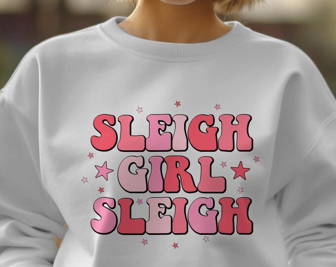 Pink Retro Sleigh Girl Sleigh Christmas Unisex Crewneck Sweatshirt - Retro Santa Holiday Apparel, Retro Matching Family Shirts