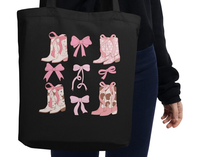 Bows and Boots Coquette Style Eco Tote Bag, Trendy Coquette Bag, Cute Tote Bag with Cowboy Boots