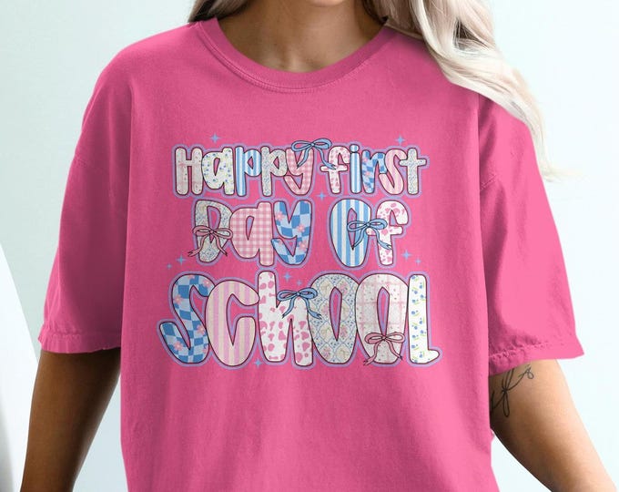 Happy First Day Of School Comfort Colors T-Shirt, Coquette Bow Back To School Tee, Cute First Day School Shirt, School Spirit Unisex Shirt