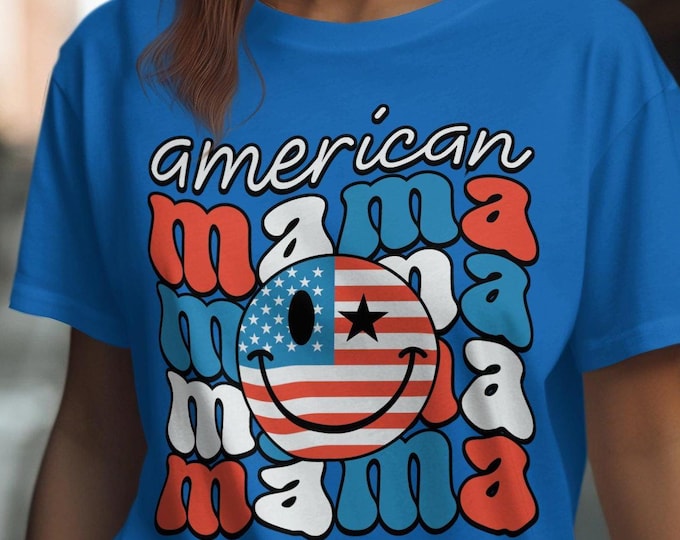 American Mama Graphic Tee, Smiley Face USA Flag, Retro Patriotic T-Shirt, Cute Mom Shirt, Women's 4th of July Shirt, Mother's Day Gift