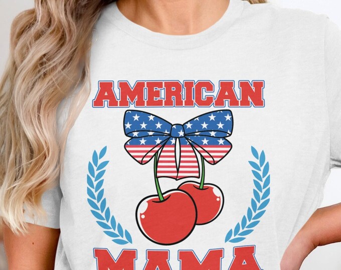 Coquette American Mama T-Shirt, Patriotic Cherry & Bow Shirt, American Mama Flag Bow Shirt, Coquette Patriotic Holiday Tee, Gift for Mama