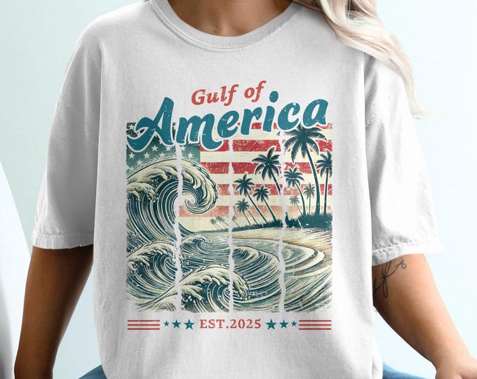 Gulf of America Graphic T-Shirt, Vintage Beach Wave and Palm Trees Design, Patriotic USA Shirt, Est. 2025, Summer Wear