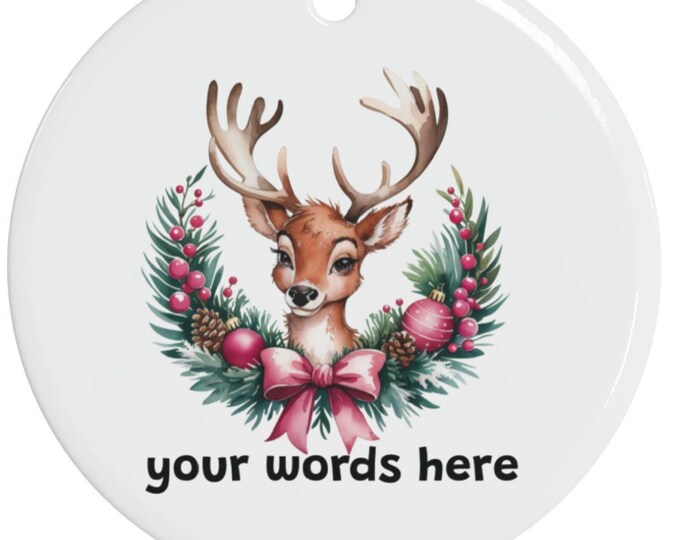 Personalized Coquette Pink Bow Reindeer Ceramic Ornament | Custom Christmas Ornaments (1pcs, 5pcs, 10pcs, 20pcs)