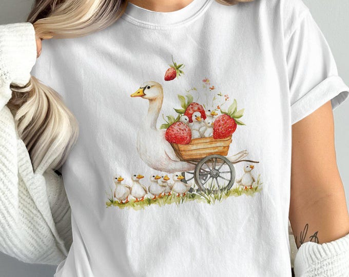 Cottagecore Goose and Goslings Sweatshirt with Strawberries, Cute Berry Lover Gift, Silly Goose Comfort Colors Tee, Animal Crewneck Pullover