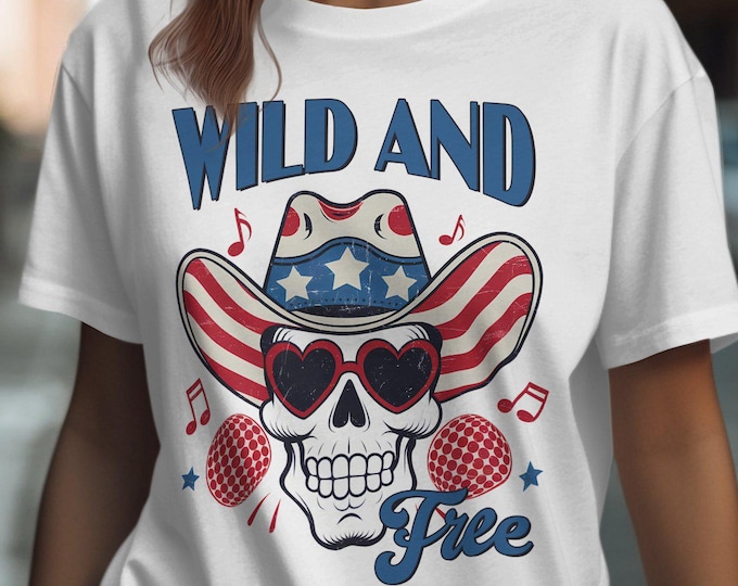 Retro Wild And Free Patriotic Skull Shirt, Vintage American Flag Cowboy Hat Tee, Fun Music Lover T-Shirt, Unique Festival Top, Cool Graphic