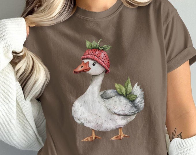 Cute Duck in Strawberry Hat Sweatshirt, Fun Animal Graphic Pullover, Unique Farmhouse Style Gift, Cozy Unisex Apparel, Trendy Casual Wear