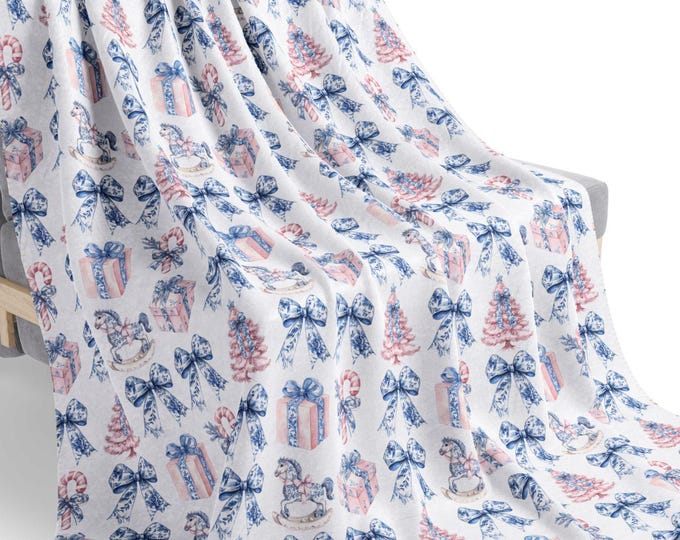 Coquette Pink and Blue Bow Christmas Sherpa Blanket, Grand Millennial Chinoiserie Bows and Rocking Horse Blanket Gift for Her Baby Dorm Teen