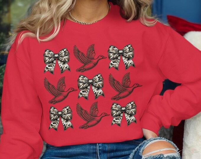 Coquette Camo Duck Print Sweatshirt, Camo Bow Design, Camo Bows and Ducks Sweatshirt,  Outdoor Themed Sweater, Duck Hunting Gift