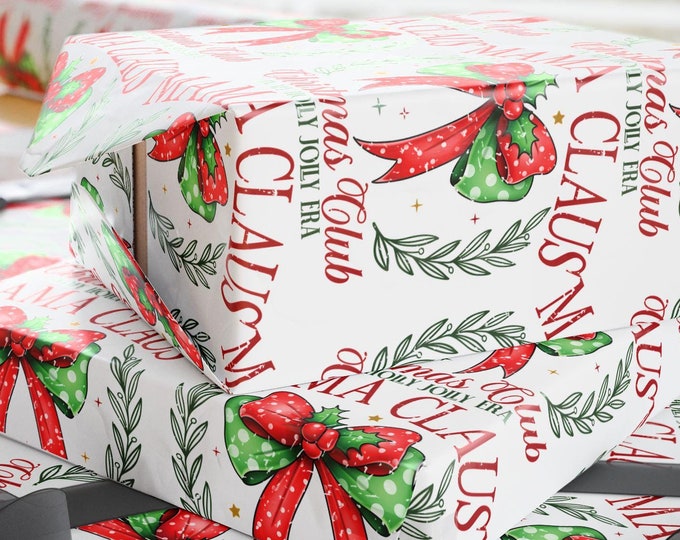 Mamma Claus Social Club Christmas Wrapping Paper, Christmas Bow Holiday Gift Wrap, Mamma Coquette Bow Christmas Wrapping Paper
