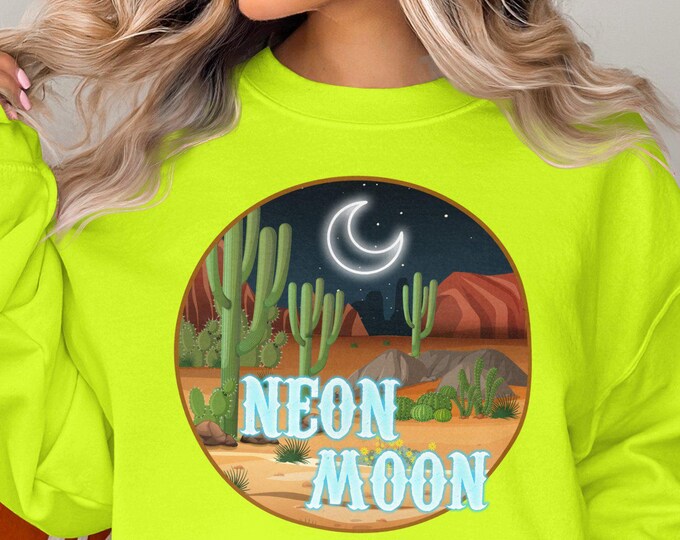 Neon Moon Desert Scene Sweatshirt, Retro Western Graphic Sweatshirt, Neon Night Sky Cactus Sweatshirt, Country Line Dancing Sweatshirt