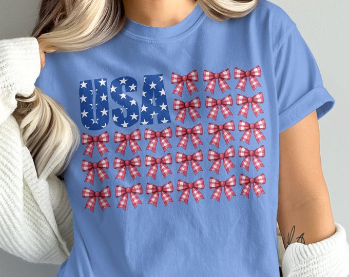 USA Patriotic Bow T-Shirt, Fourth of July Shirt, American Flag Bow TShirt, Independence Day Tee, Stars and Stripes Shirt, USA Pride Tee