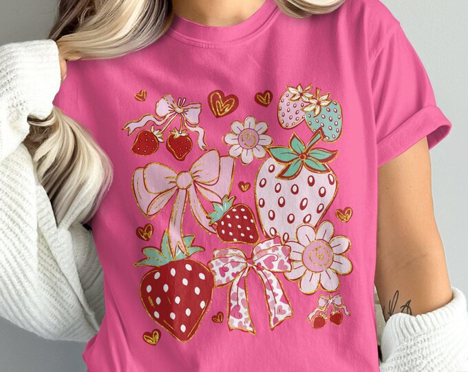 Cute Strawberry Bow Floral Comfort Colors  T Shirt, Kawaii Inspired Strawberry Shirt Patriotic July 4th Fruit and Bow Shirt Coquette Tote