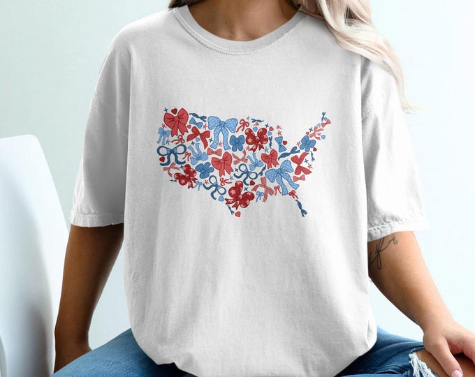 USA Patriotic Bows Map Shirt, Fourth of July Graphic Tee, Red White Blue America Top, Independence Day T-Shirt, US Flag Bow Design