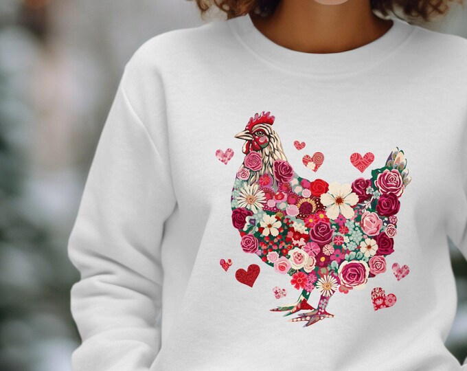 Colorful Floral Chicken Design Sweatshirt, Chicken Mug with Heart Accents, Cute Floral Rooster Art, Unique Farmhouse Gifts