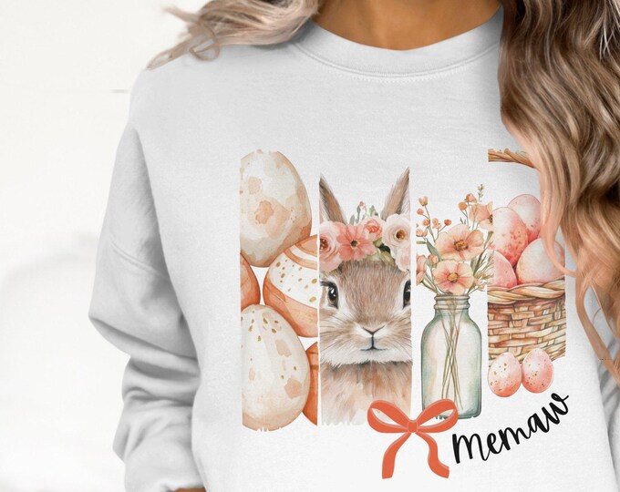 Coquette Easter Bunny Floral Sweatshirts & Tees,  Cute Comfort Colors Bunny Print Tee, Memaw Easter Sprint Top and Gift Idea, Peachy Easter
