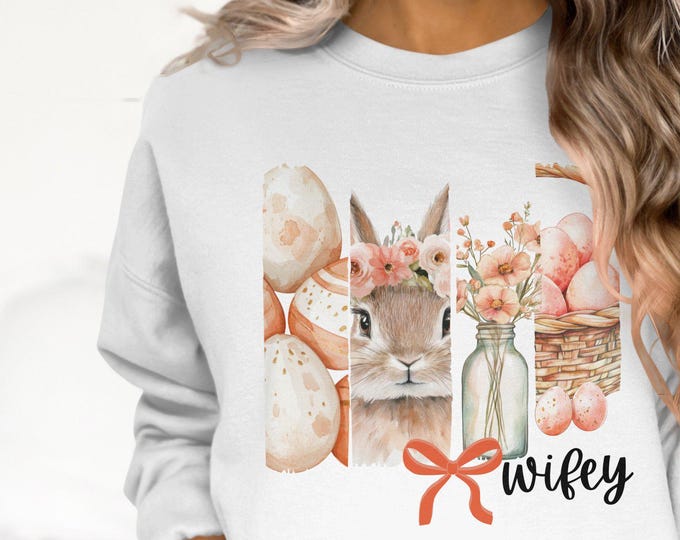 Cute Coquette Bunny with Easter Eggs Wifey Sweatshirts and T-Shirts, Floral Bunny and Eggs Design Tee, Easter column shirt