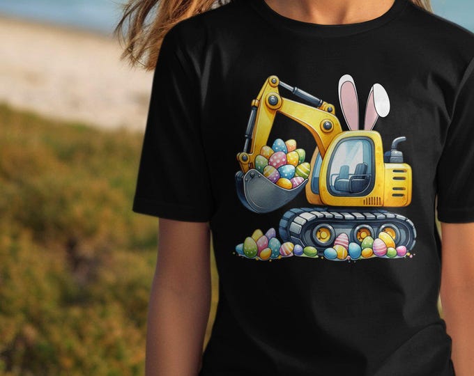 Cute Easter Excavator T-Shirt, Easter Bunny Construction Tee, Easter Egg Hunt Shirt for Kids, Fun Easter Eggs Tractor Shirt