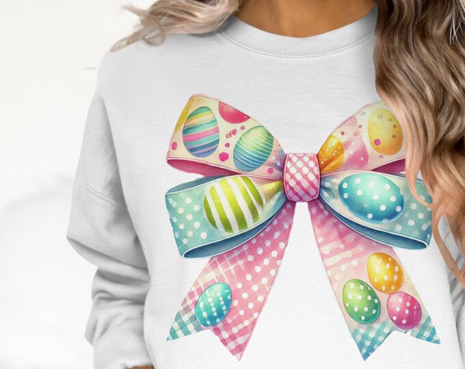 Coquette Easter Egg Bow Sweatshirts and Tees, Coquette Sprint Colorful Holiday Tee, Festive Easter Shirt, Bow with Easter Eggs,