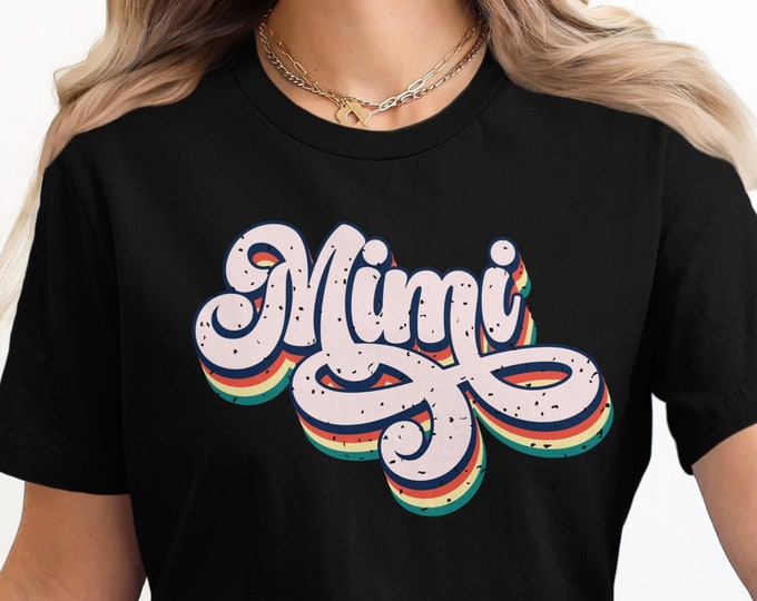 Mimi Retro Script Text Colorful Stripe Graphic Tee, Vintage Style Family Gift, Grand parent gift, Mimi Tote Bag