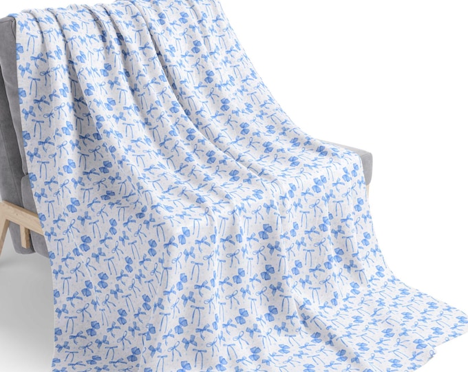 Coquette Blue Bow Sherpa Blanket  Coquette Bow Cozy Blanket, Housewarming Gift for New Baby Blue Bow Nursery, Grand Millennial