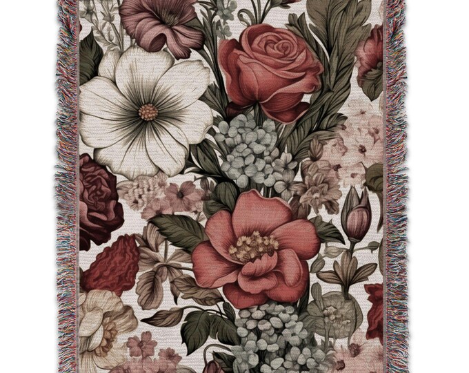 Vintage Floral Pattern Blanket, Cozy Throw Blanket with Botanical Design, Colorful Flowers Blanket, Floral Print Bedding, Soft Floral Cover