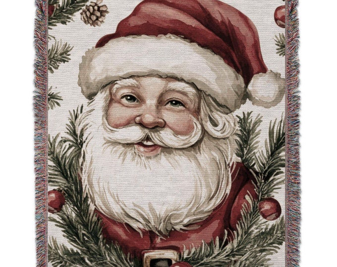Cozy Santa Claus Christmas Woven Blanket, Festive Holiday Woven Blanket, Decorative Santa Print Pillow, Christmas Home Decor, Picnic Blanket