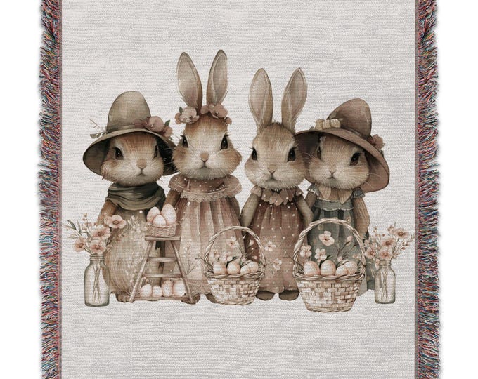 Cute Bunny Family Woven Blanket, Cozy Bunny Family Woven Throw, Adorable Rabbit Design Blanket, Nursery Room Decor, Gift Idea, Wall Tapestry