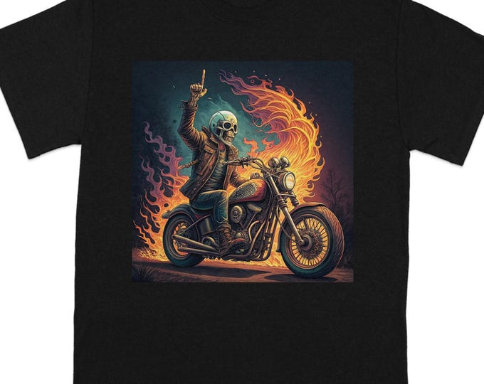 Skeleton Biker T-Shirt, Flaming Motorcycle, Vintage Ride Tee, Cool Skull Rider Shirt, Gift for Motorcyclist, Unique Graphic Design