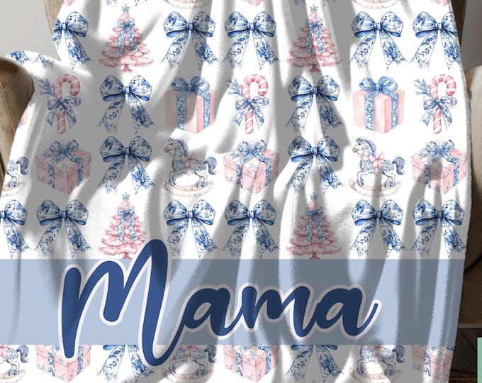 Personalized Name Blue Bows & Pink Christmas Tree Sherpa Blanket with Custom Name Grand Millennial Coquette Cmas Baby Name Blanket New Mom