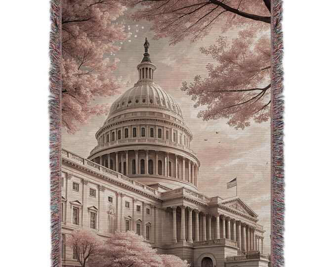 Washington DC Blankets, US Capitol Blankets, Cherry Blossom, Capital Building Woven Rug, Throw Blankets, Home Decor, Artistic Blankets