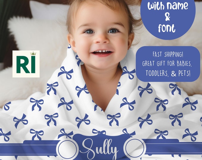 Custom Coquette  Blue Bow Baby Blanket, Cozy Nursery Decor, Perfect Baby Shower Gift, Soft Fleece Throw for Babies & Toddlers