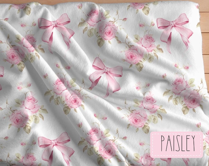 Custom Name Coquette Blanket – Pink Bow & Rose Throw, Personalized Girl Gift, Soft Baby Blanket, Cottagecore Bedding